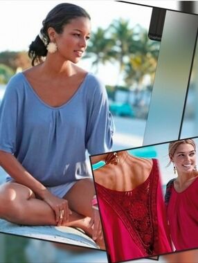 Red Crochet Floral Back Red Boho Chic Mid Sleeve Scoop Neck Loose Fit Sz.L